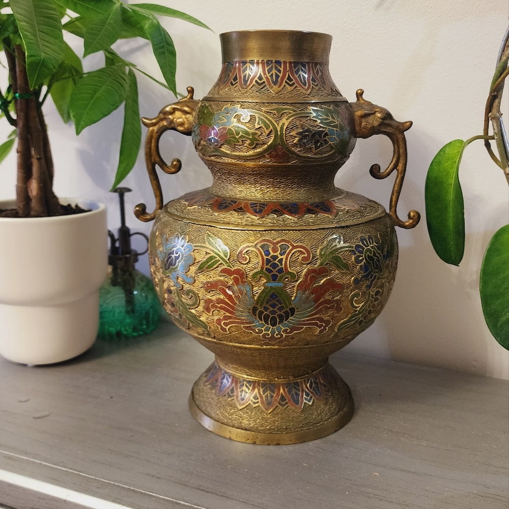 Large Japanese Champleve Cloisonne Enameled Bronze Vase Vintage Antique